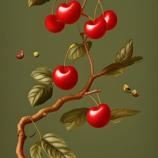 a single branch with cherries on it , botanical illustration...