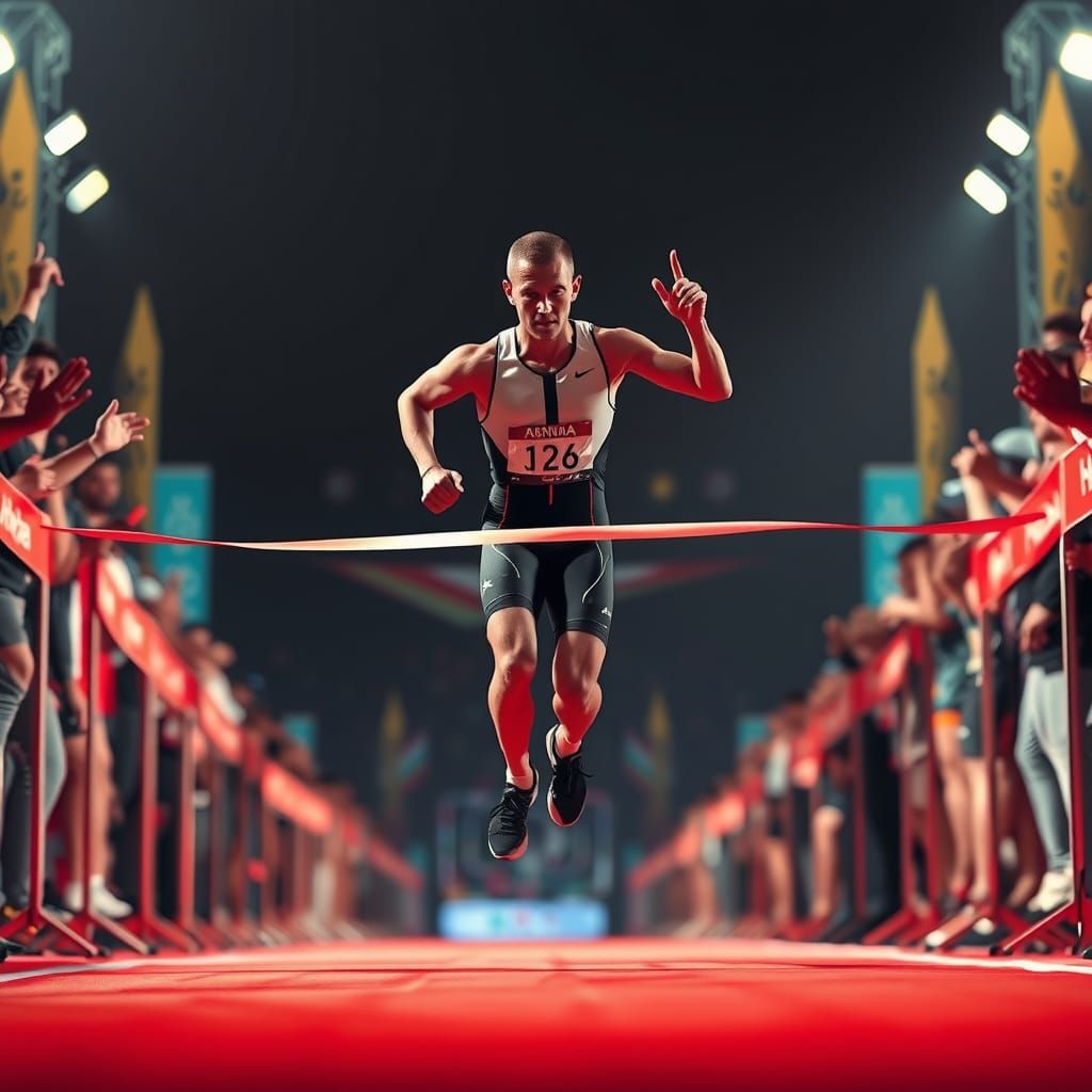Triumphant Athlete Crossing Finish Line in Digital Art Style