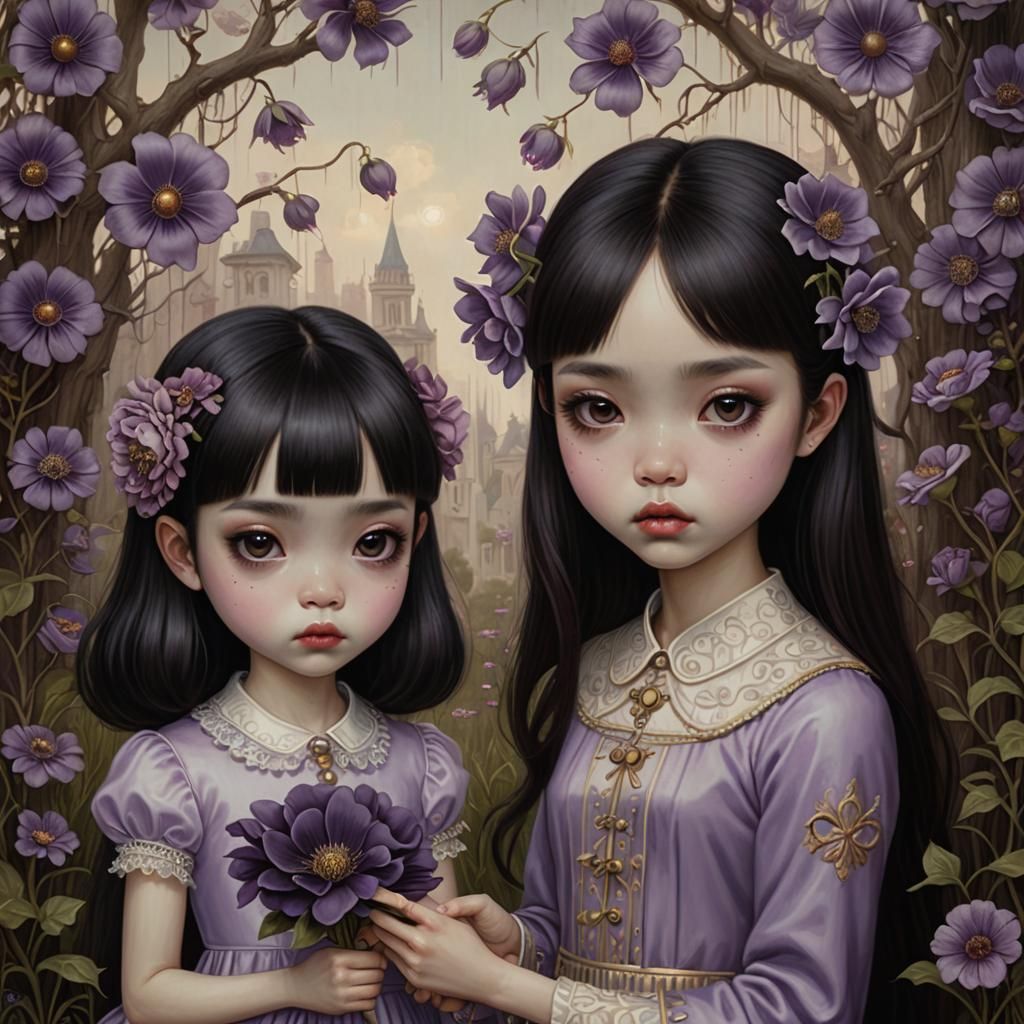 Two Girls with Flowers, Mark Ryden Style
