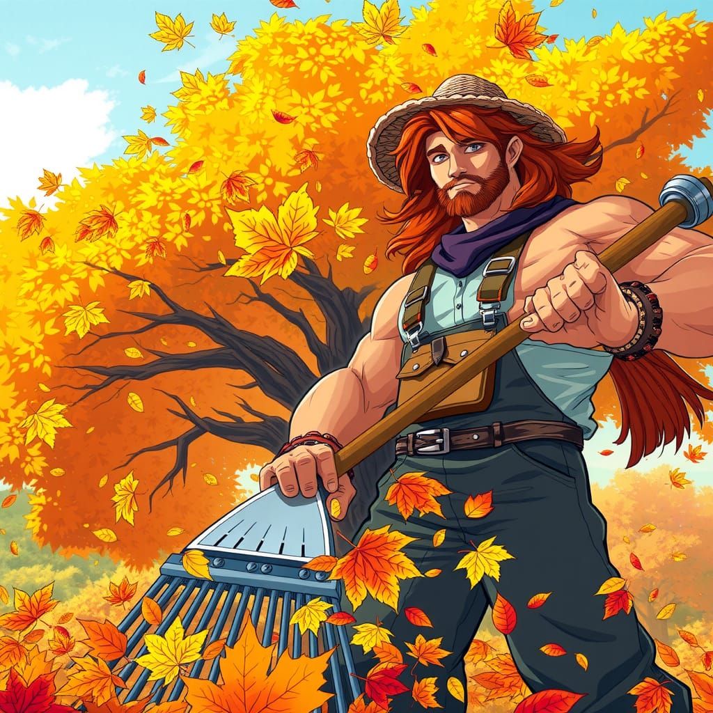 Autumn Fantasy: Man Raking Leaves Under Maple Tree