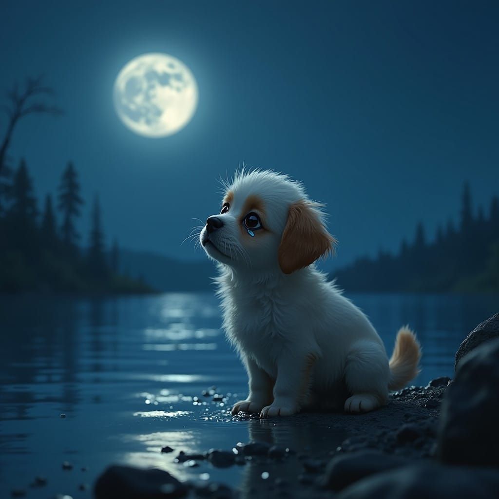 Melancholic Moonlit Canine Contemplation in Dreamy, High-Con...