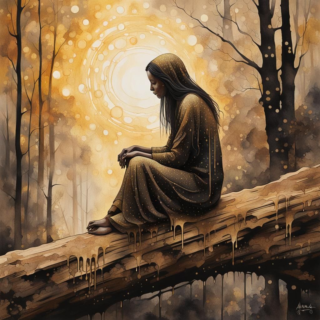 beautiful atmospheric haze, closeup of a abstract distraught female sitting on a large log, woodland, halo backlit, spec...