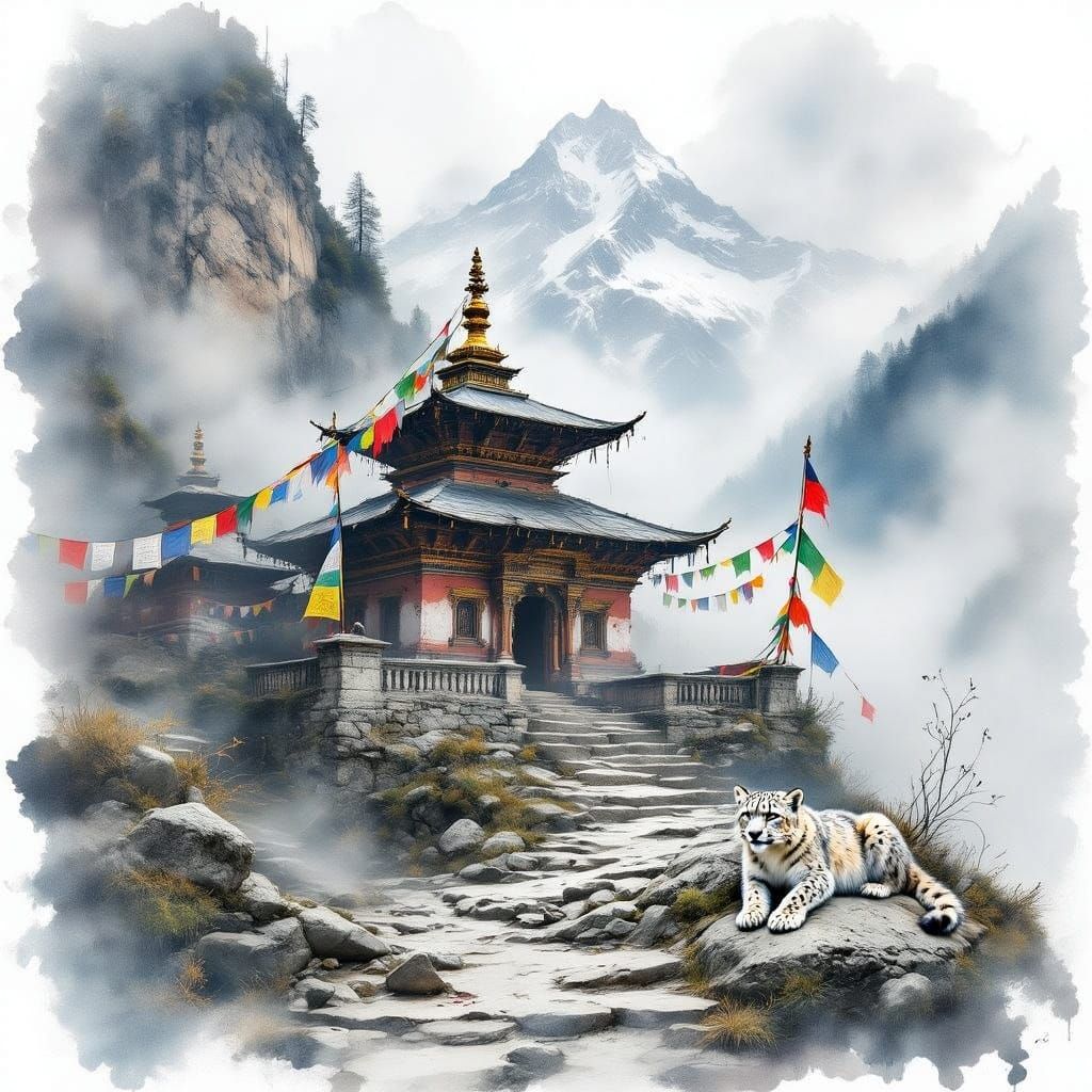 Himalayan Temple in Ethereal Watercolour Style