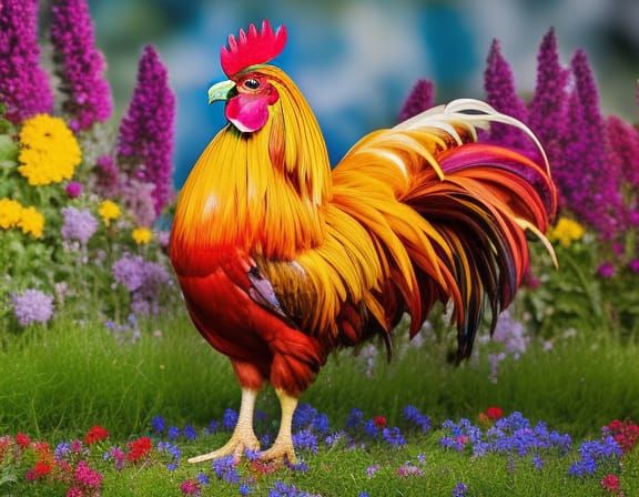 Detailed Rooster Portrait with Blooming Flowers