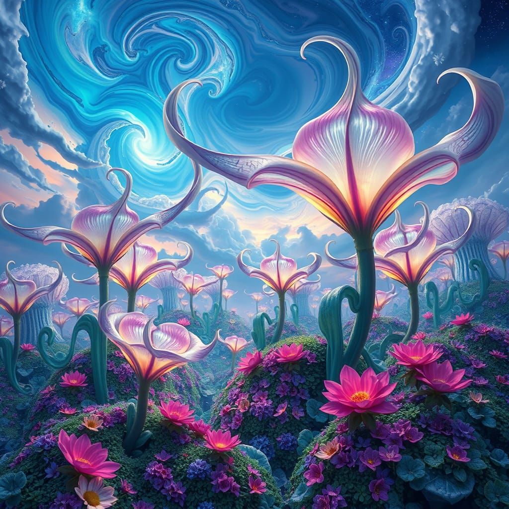 Whimsical Bioluminescent Floral Realm in Dreamlike Tapestry