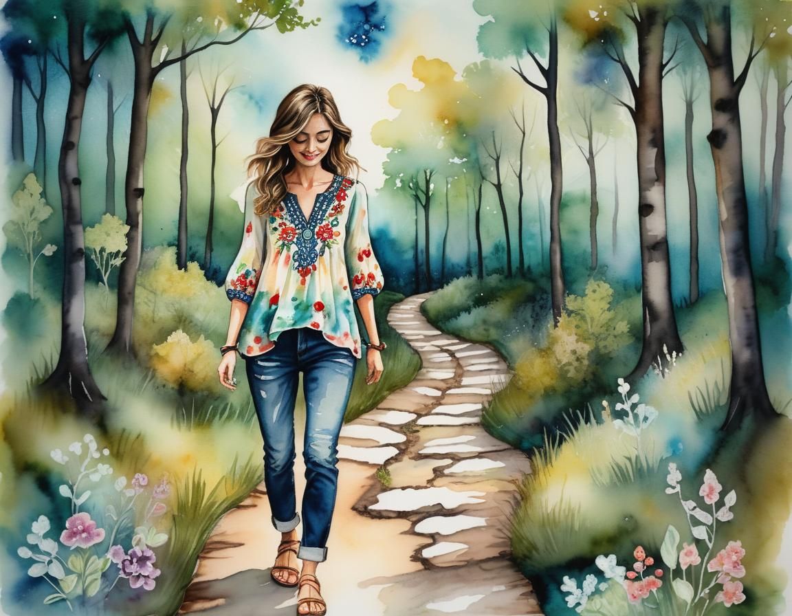 A whimsical woman walking down a wooded path towards the vie...