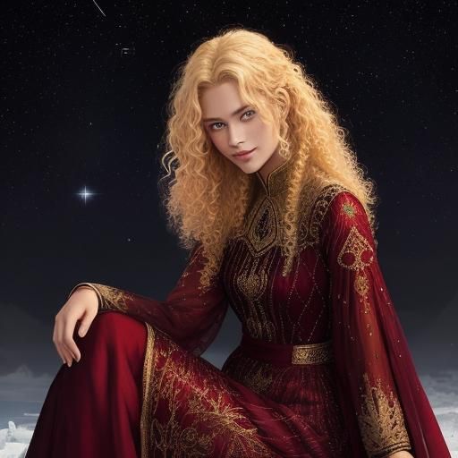 Sitting blonde female, in love, with curly hair in a translucent dark red evening dress.