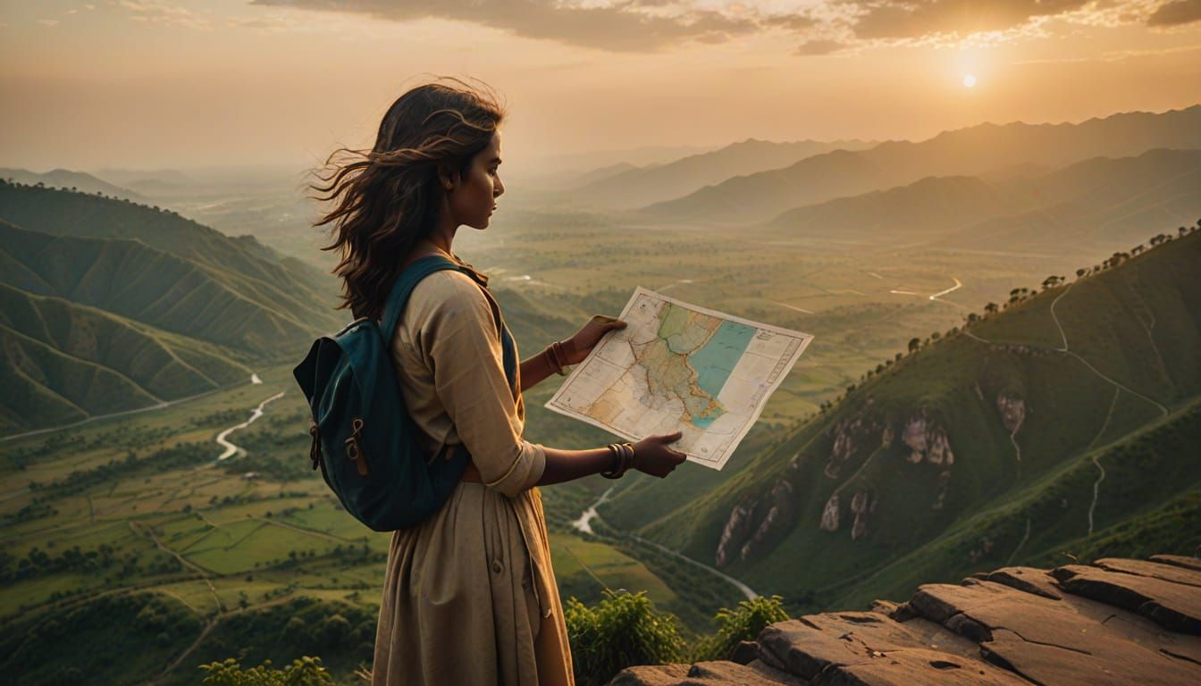 Girl on Cliff Overlooking Valley at Sunset