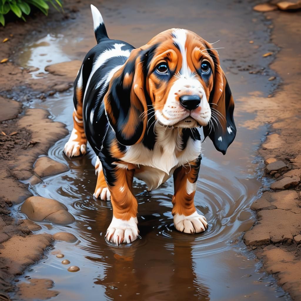 Hyperrealistic Basset Hound Puppy Splash Art