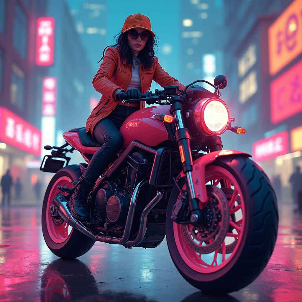 Glowing Neon Cityscape Rider in Futuristic Chic