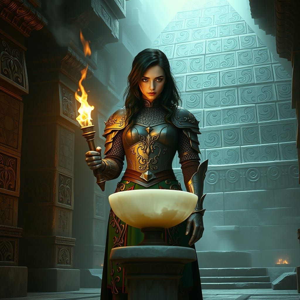 Mystical Knight Cradles Golden Torch in Ancient Chamber