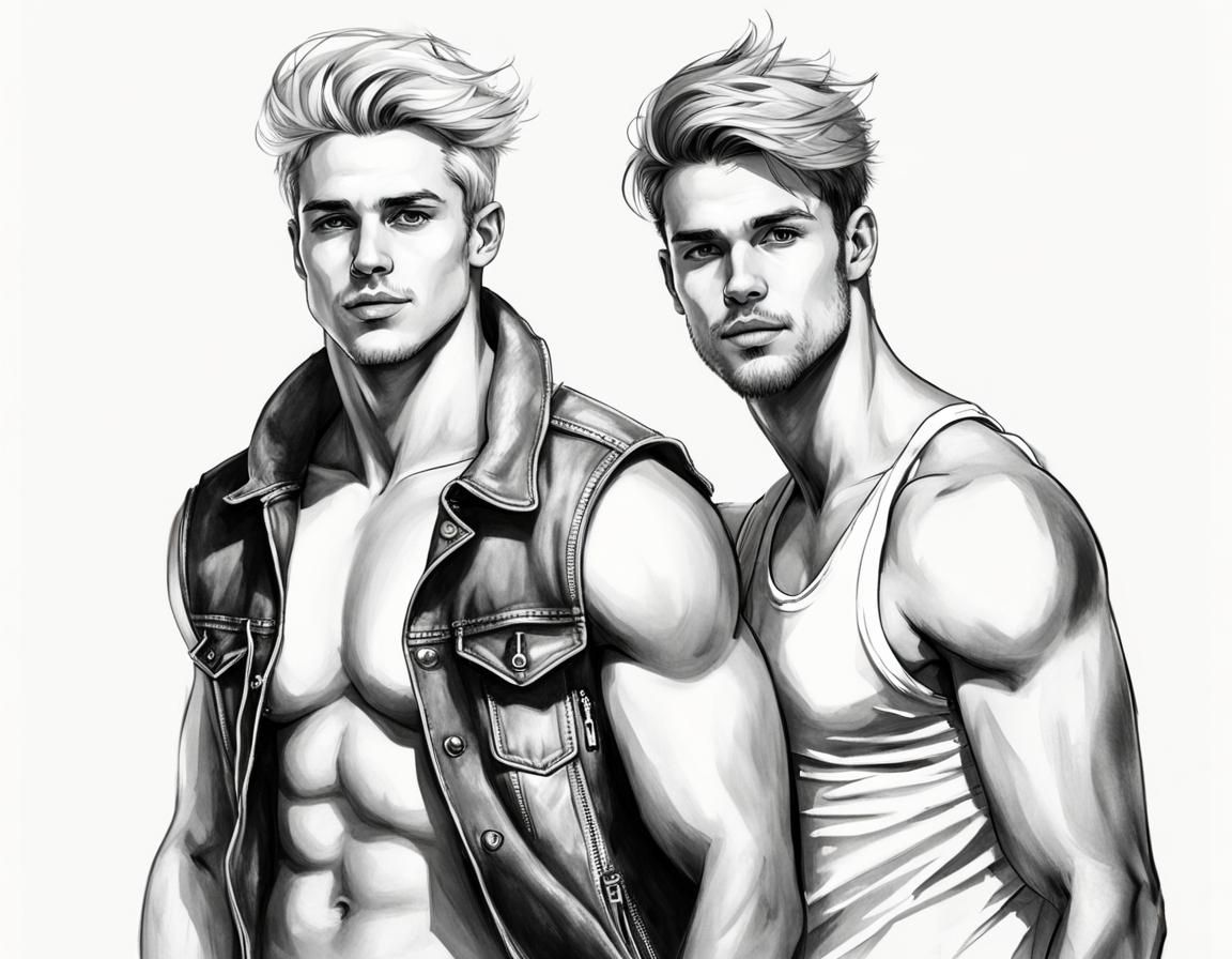 Attractive Men in Black and White Pencil Drawing