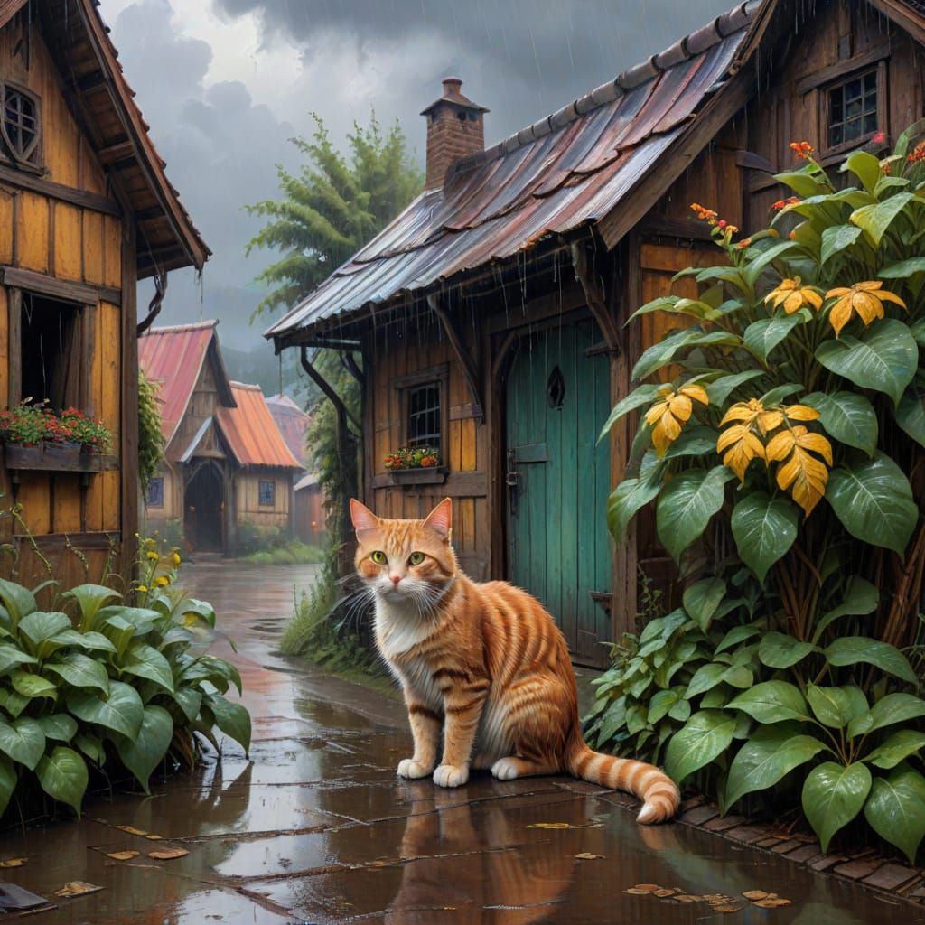 Colorful Gothic Painting of a Wet Ginger Cat