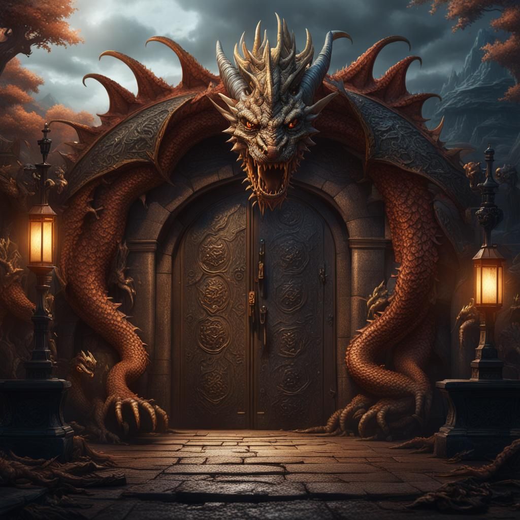 Three-Headed Dragon Dog Guarding a Door