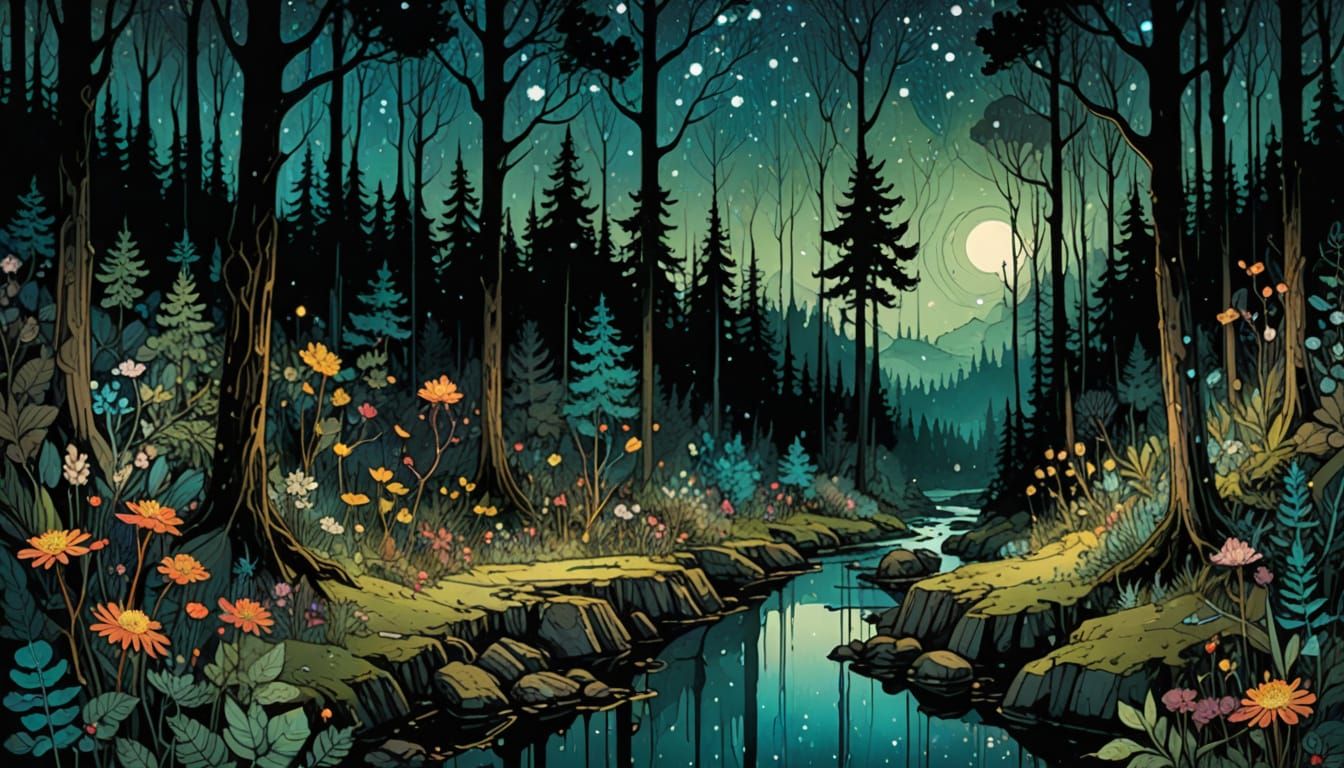 Enchanted Forest Nightscape with Stars and Creatures