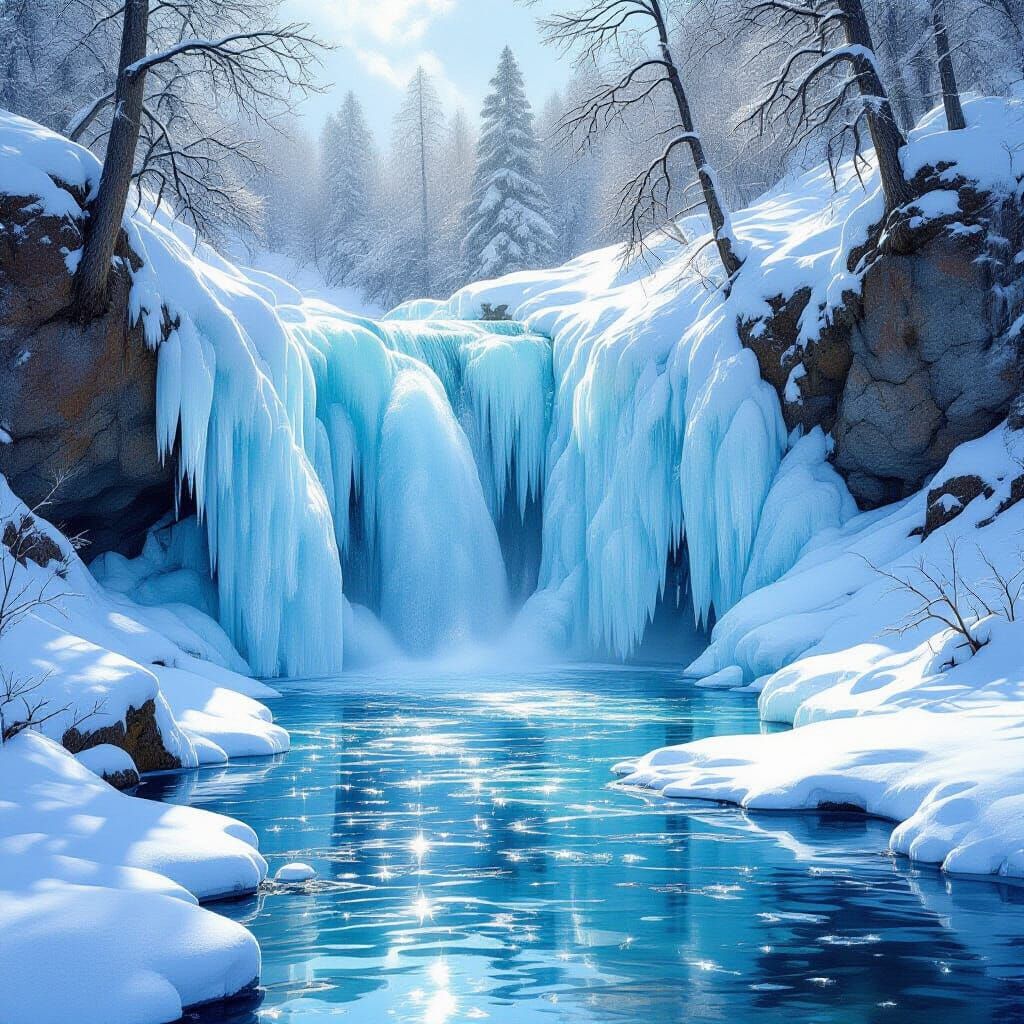 Frozen Waterfall in Sunlight: Serene Winter Landscape