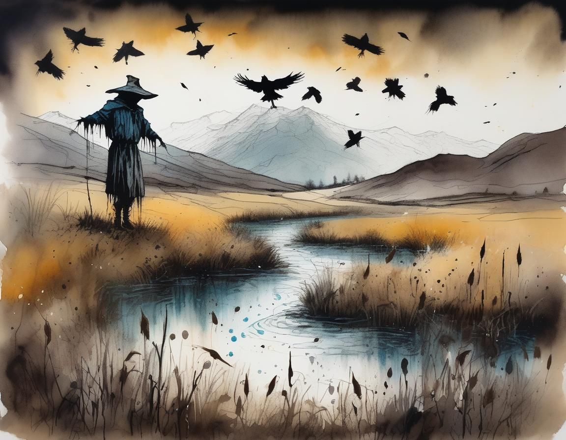 Scarecrow and Crows in Ink Art Style