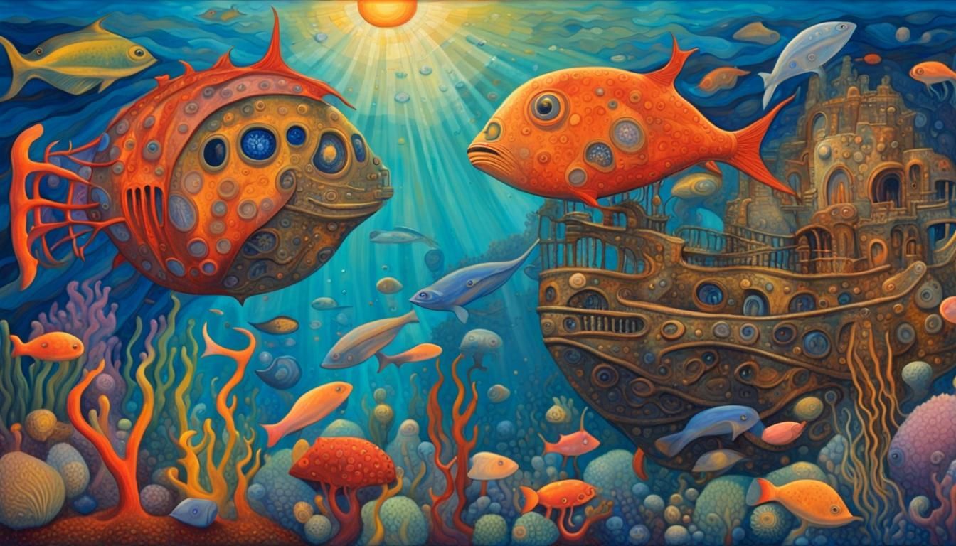 Underwater Shipwreck Oil Painting in Hundertwasser Style