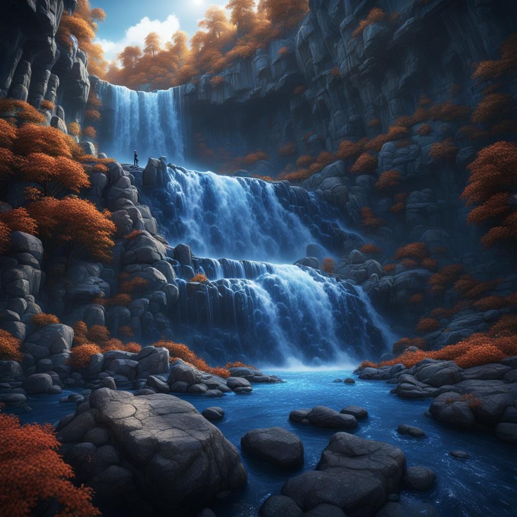 Sapphire Waterfall: Fantastical Concept Art in 8k