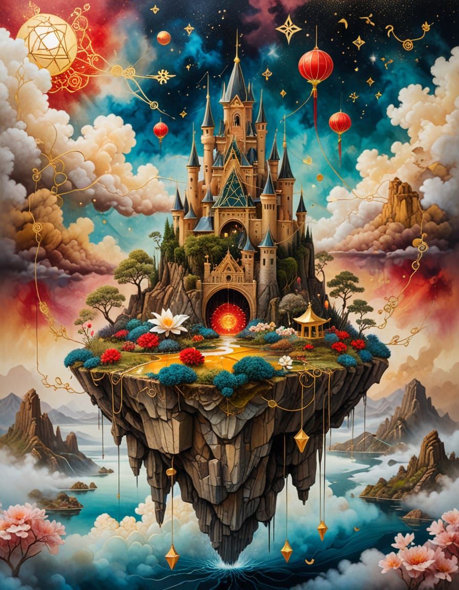 Surreal Floating Islands in Space with Dog and Duckling