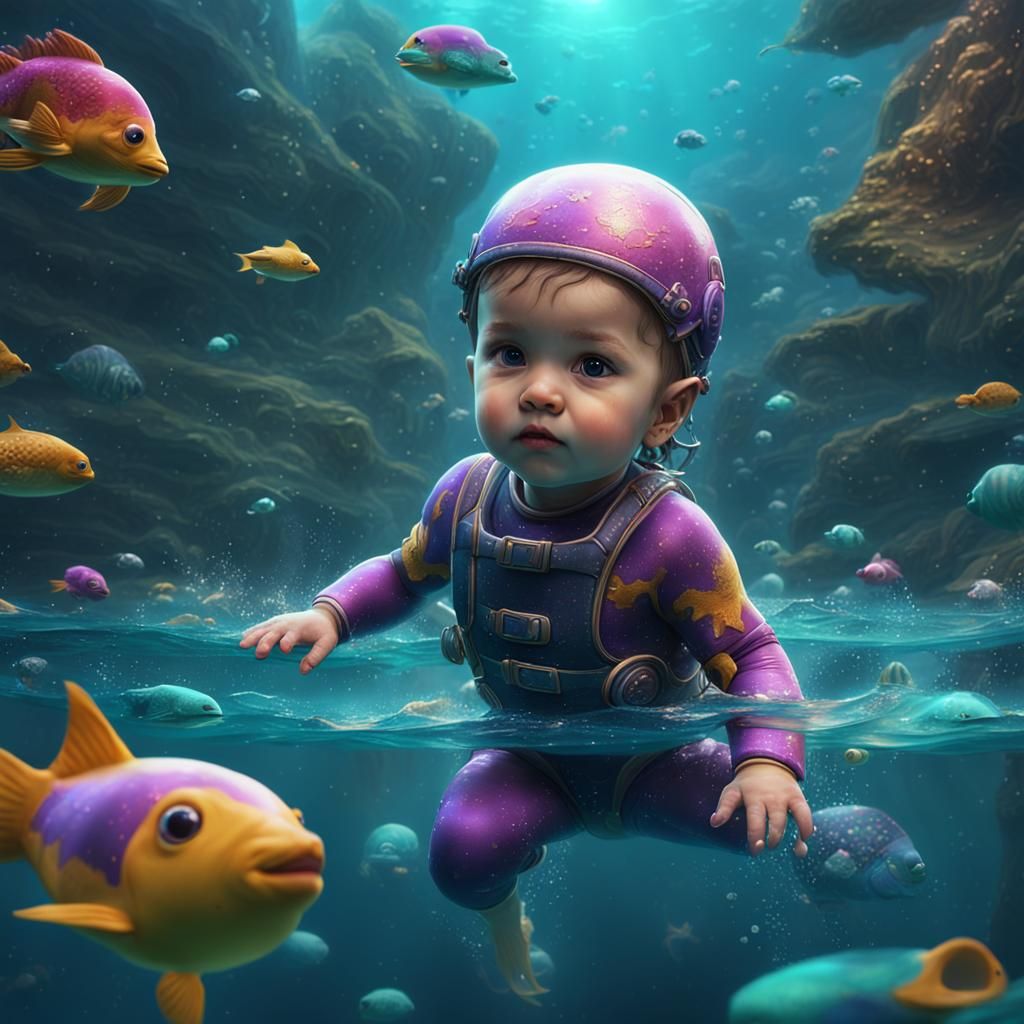 Baby Girl Swimming: Detailed Matte Painting in 8K