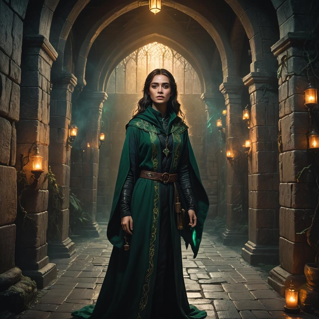 Mystical Slytherin Girl in Hogwarts Corridor