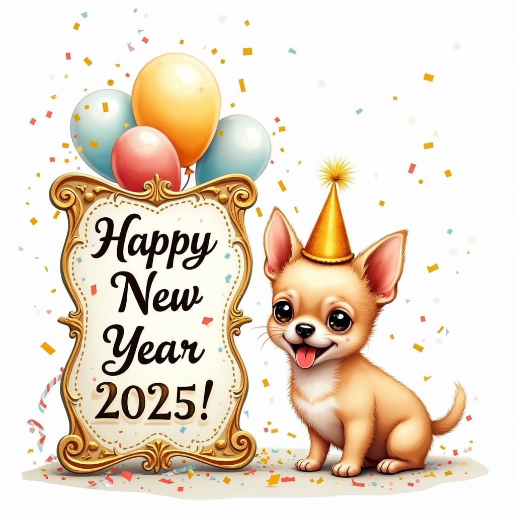 Joyful Chihuahua Celebrates New Year in Ethereal Watercolor