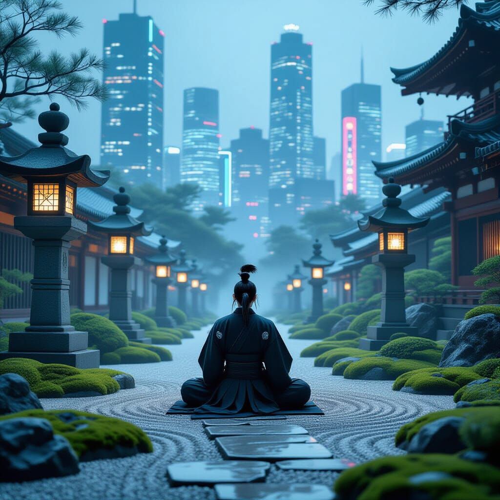 Samurai Meditating in Cyberpunk Garden