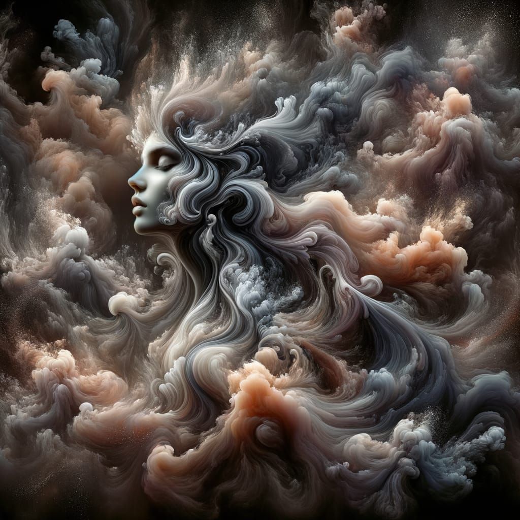 Dreamlike Ink Woman in Surreal Smoke Environment