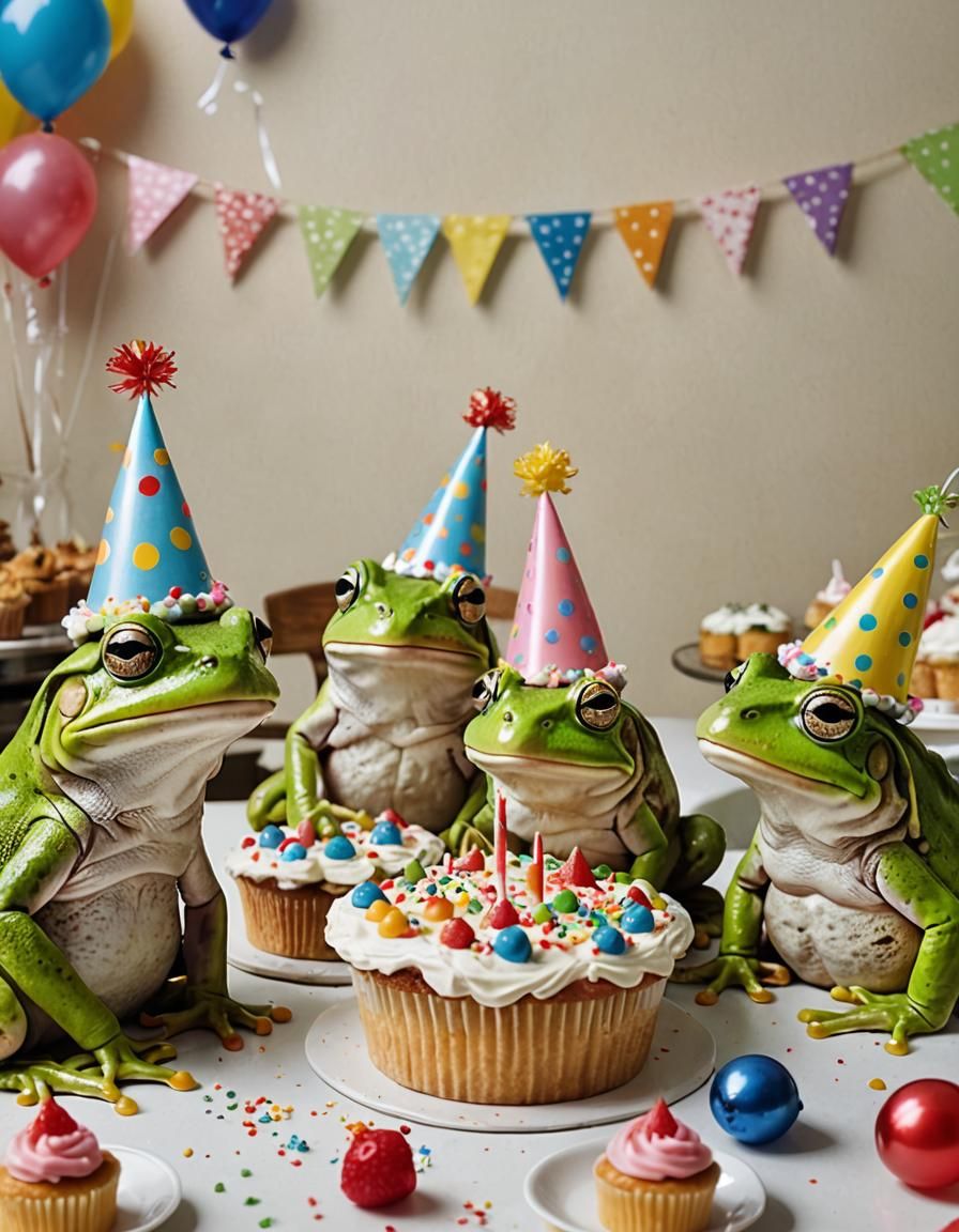 Frogs Celebrate with Cake in Bakery
