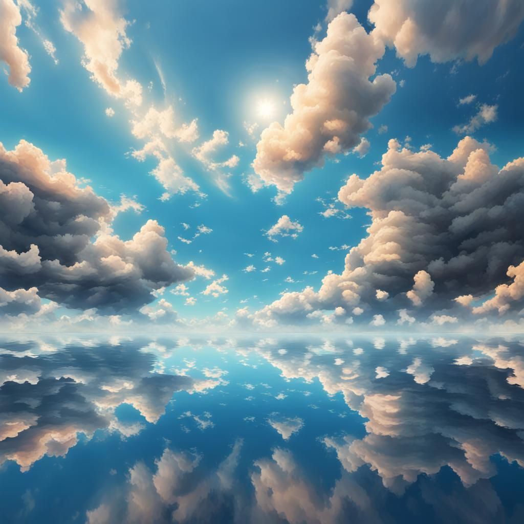 Reflective Sky Over Infinite Waters: Hyperrealistic Splash A...