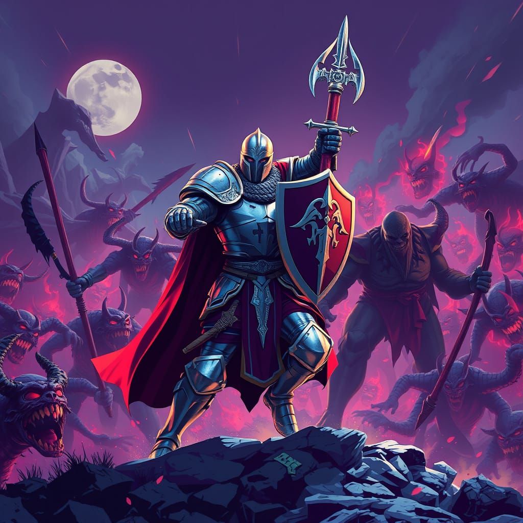 Neon Pixel Art Knight Battling Demons in Haunted Arcade