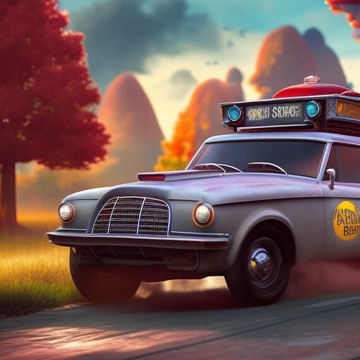 Cute Fluffy Old Car in Detailed Matte Painting