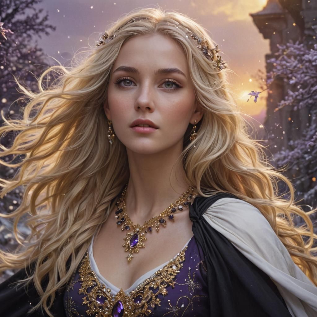 Goddess with Gemstones in Snowy Landscape