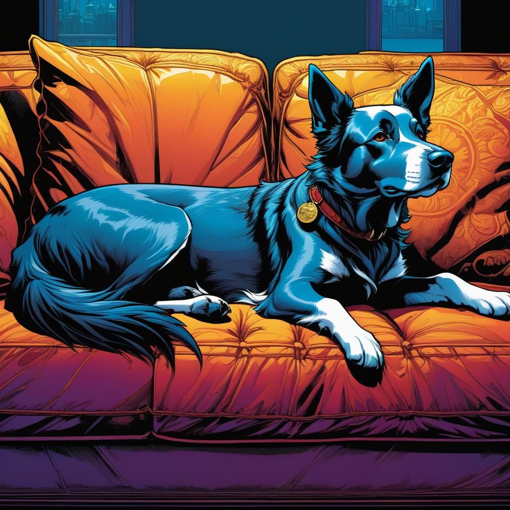 Dog Resting on Couch: Cel-Shaded Comic Illustration