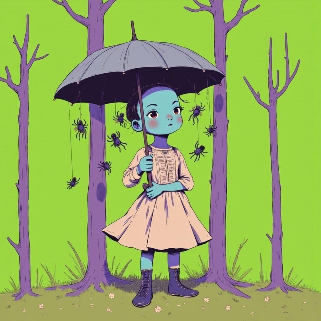 <lora:Alius:1.0>surreal artwork of Esao Andrews/ A hyper-realistic digital portrait of a a child in a prim dress with no...