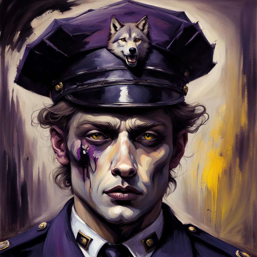 Gothic Victorian Wolf-Man in Police Uniform