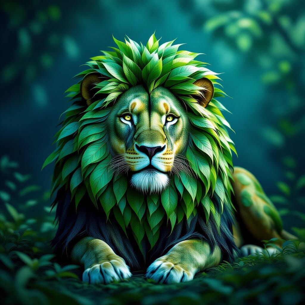 Majestic Lion Made of Leaves on Deep Blue Background