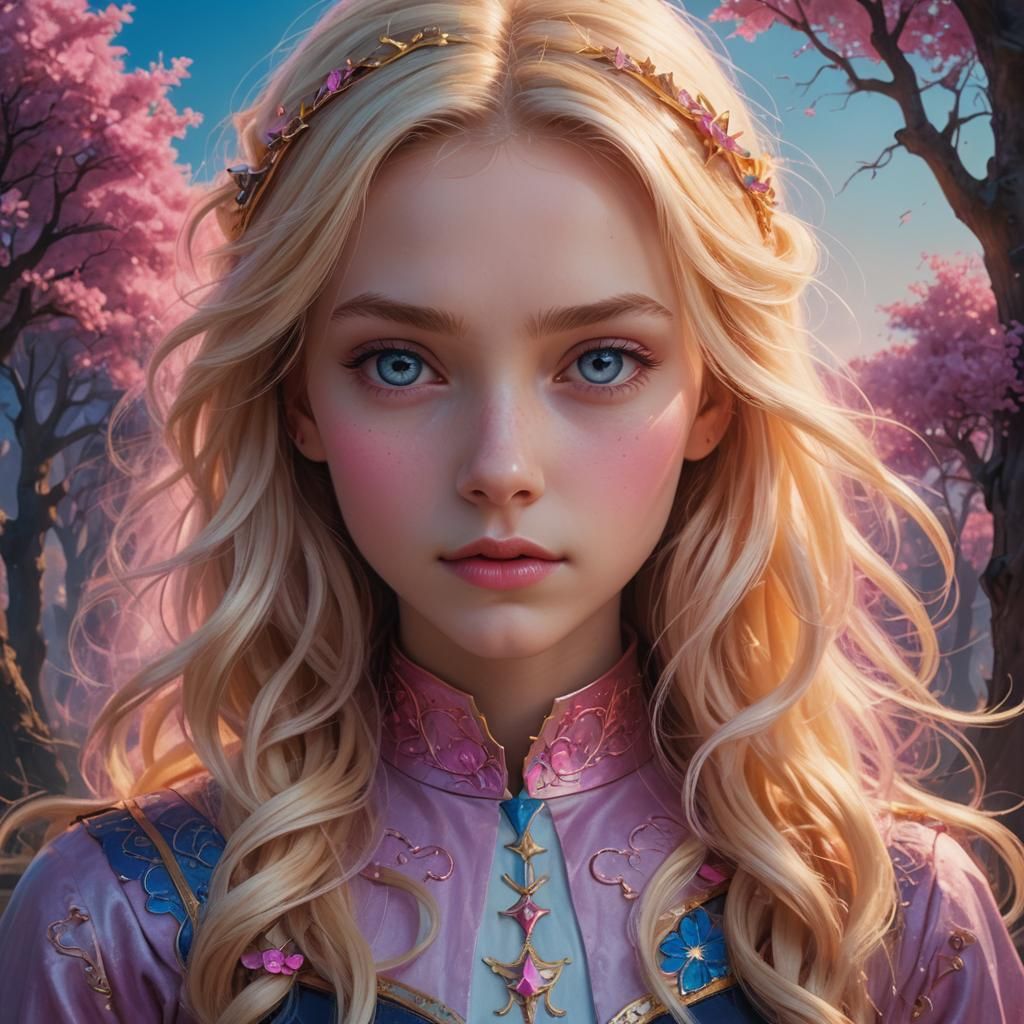 Blonde Girl Portrait Inspired by Children's Book Illustratio...