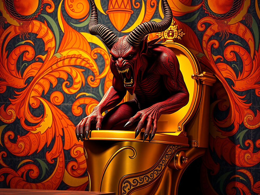 Furious Devil on Golden Toilet, Art Nouveau Style
