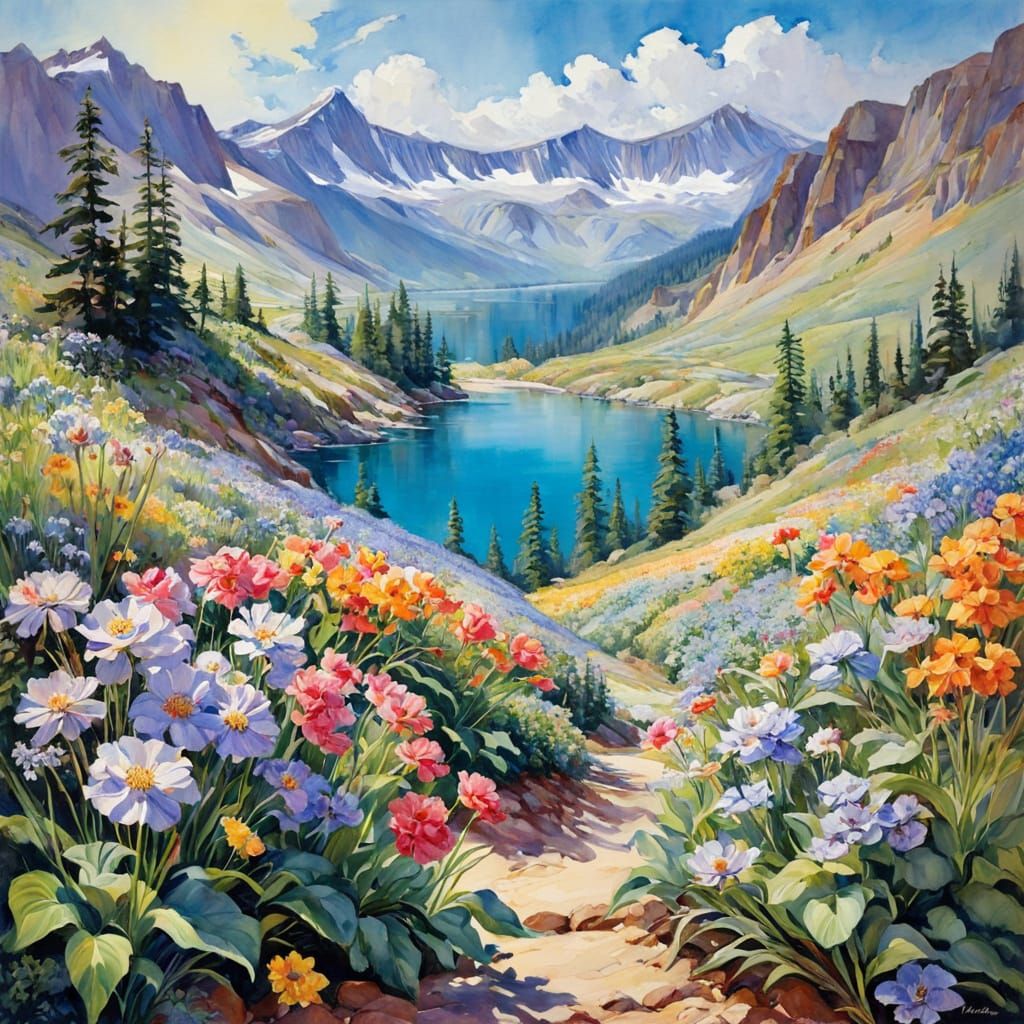 A Dreamy Watercolor Landscape of Mountains and Blooming Flow...