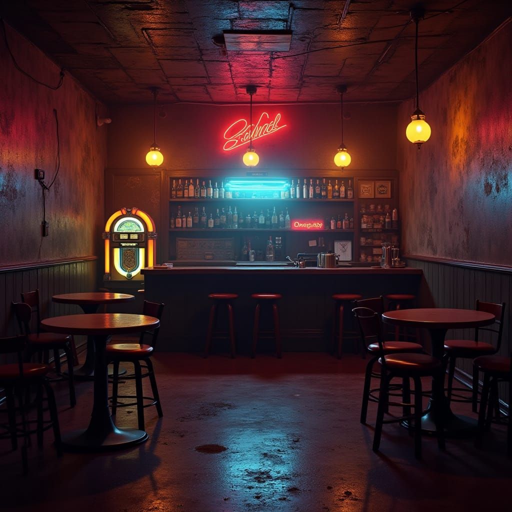 Gritty Neon Dive Bar Scene in Cyberpunk Style