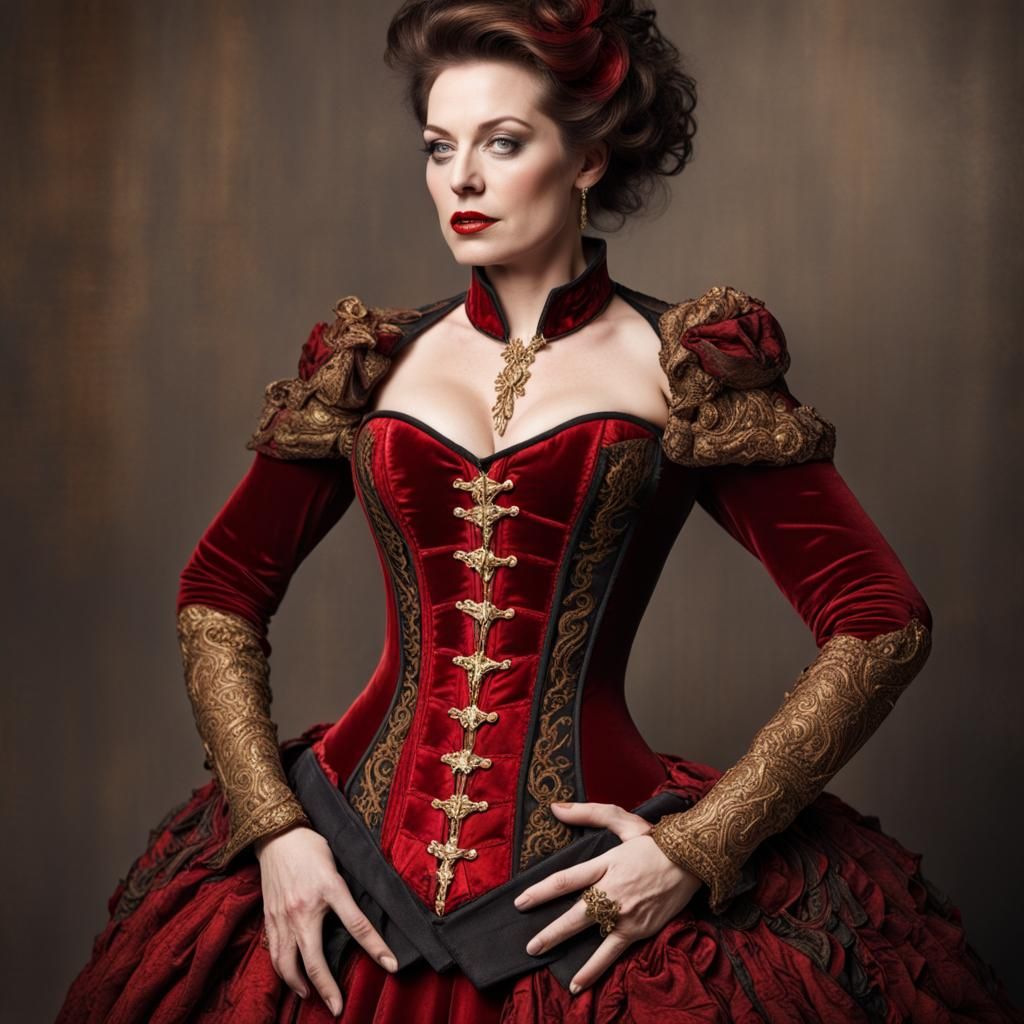 mature woman with curvy features, dressed in a vibrant, elab...