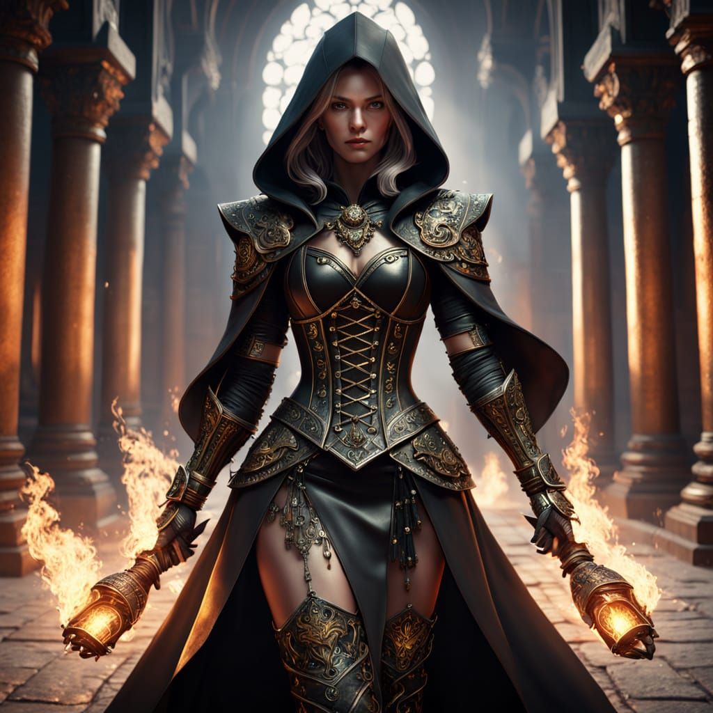 Powerful Woman in Dark Cloak in Ancient Temple