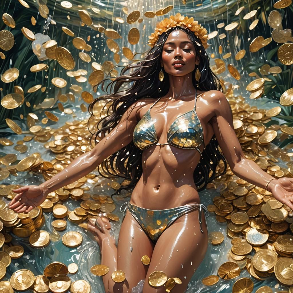 Woman with Gold Coins in Tropical Setting