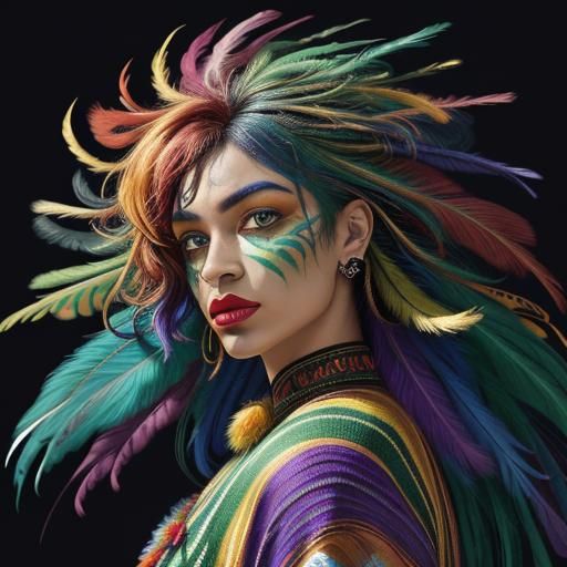 Rainbow Woman with Peacock Feathers in Fauvism Style