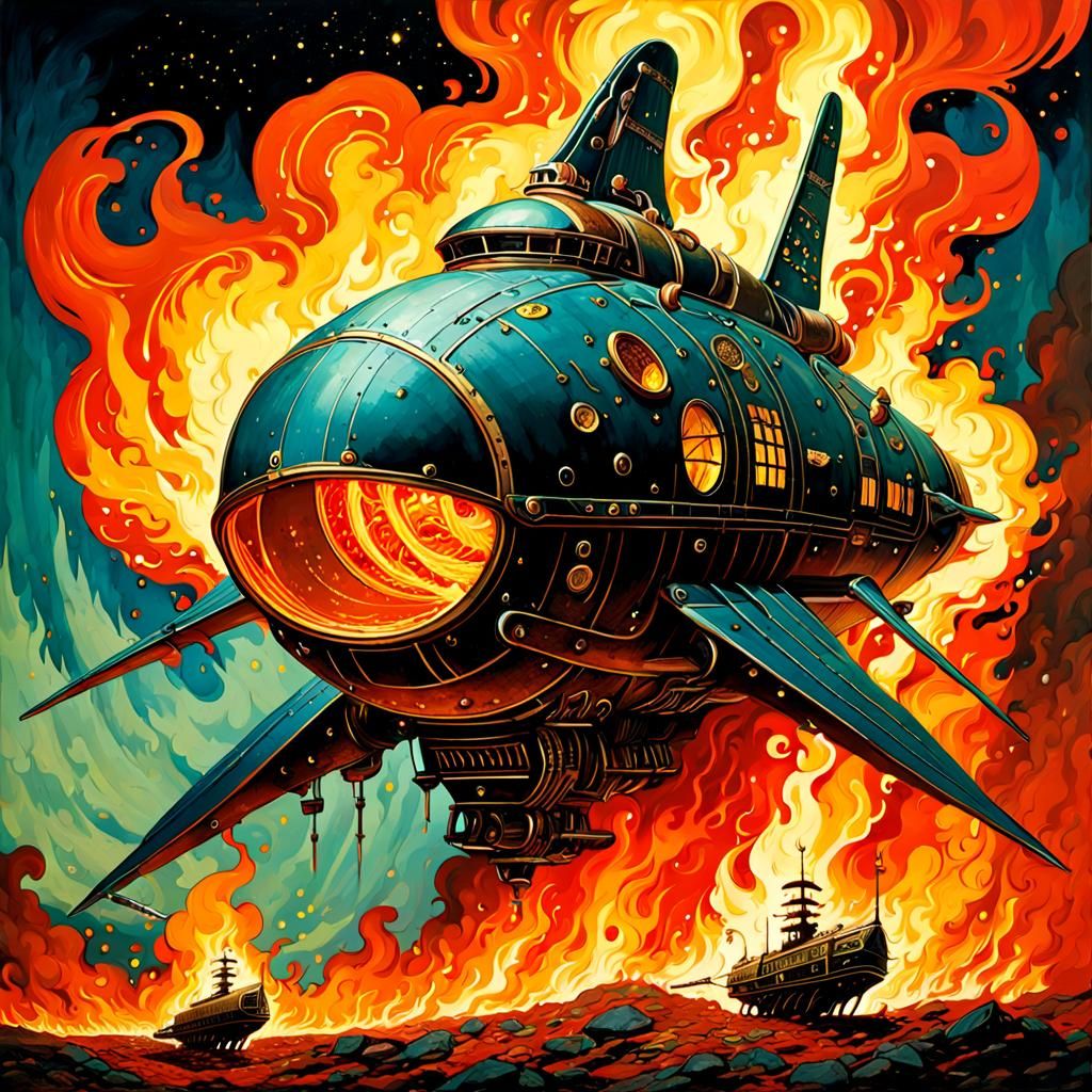 Steampunk Spaceship Engulfed in Fire: Grungy Aerosol Art
