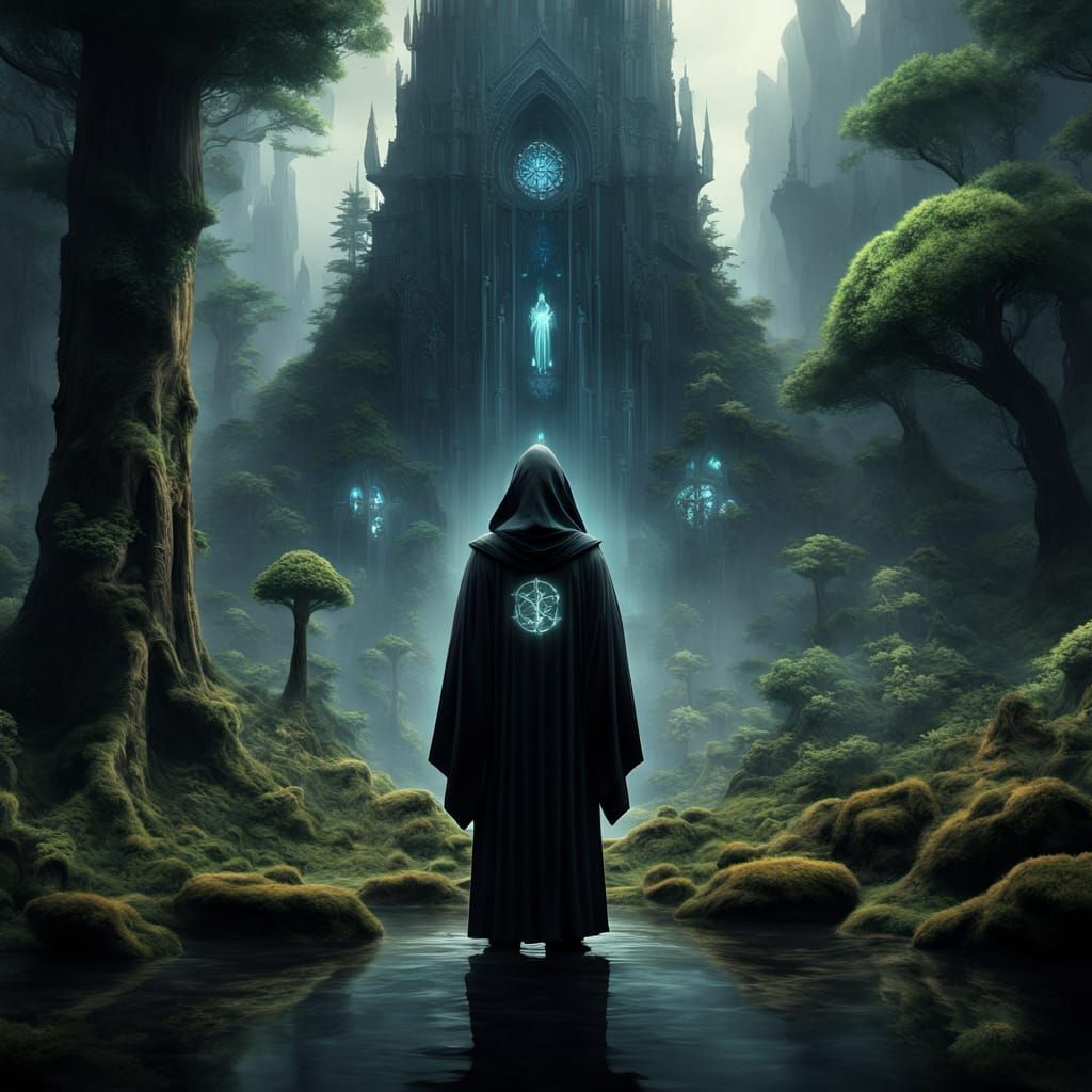 Mysterious Figure in Bioluminescent Forest: Digital Painting