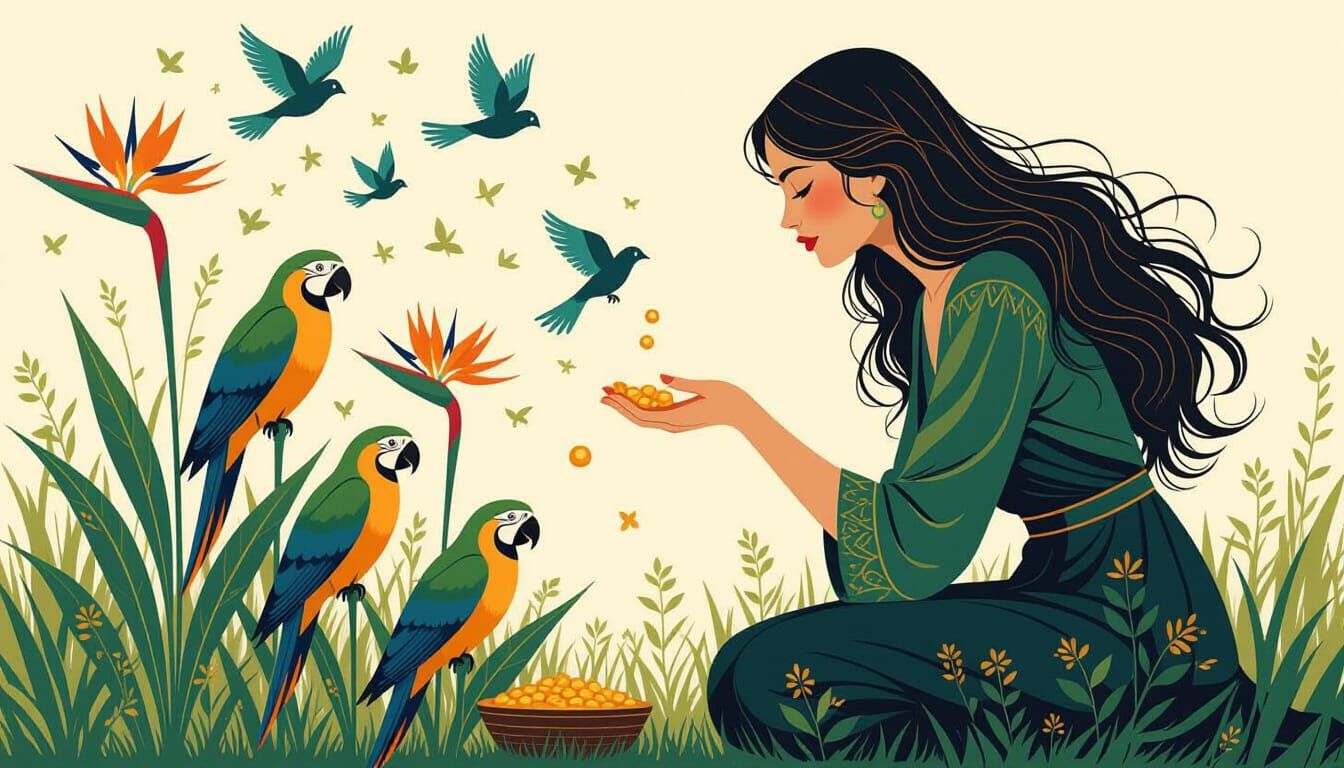 Woman with Parrots and Flowers in Surreal Landscape