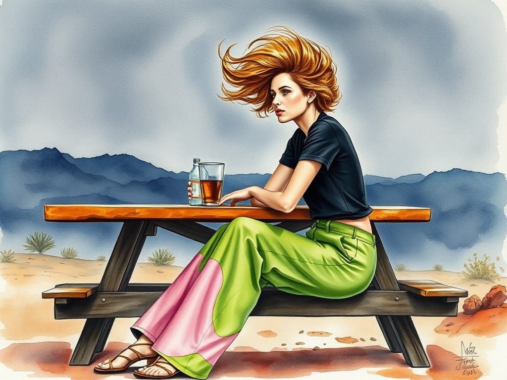 Woman at Picnic Table in Watercolor Style